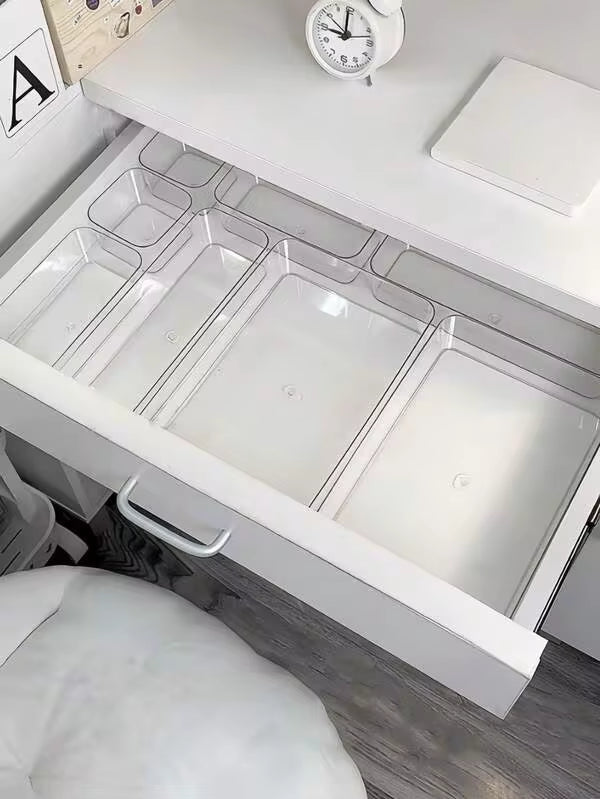 8pcs Transparent Acrylic Makeup Organizer Box With Drawers, Dividers And Compartments, Desktop Office Stationery Storage Box, Home Desk And Drawer Organizer